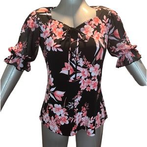 EUC Adele and May Black with Pink Floral Blouse Size S